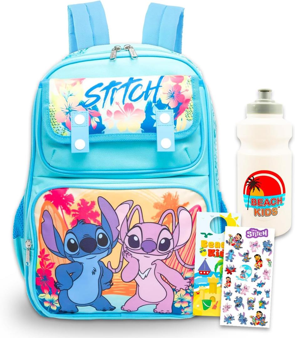 Disney Stitch and Angel Backpack Set - Bundle with 15" School Bag Plus Water Bottle, Stickers, More | Lilo and Stitch Backpack for Girls, Kids