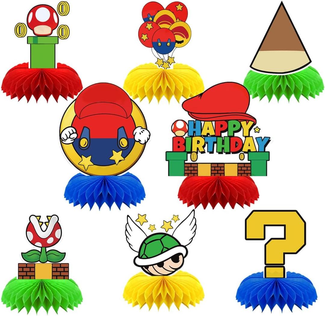 8Pcs Super Brother Birthday Party Supplies,Super Brother Honeycomb Centerpieces,Super Brother Theme 3D Table Decorations