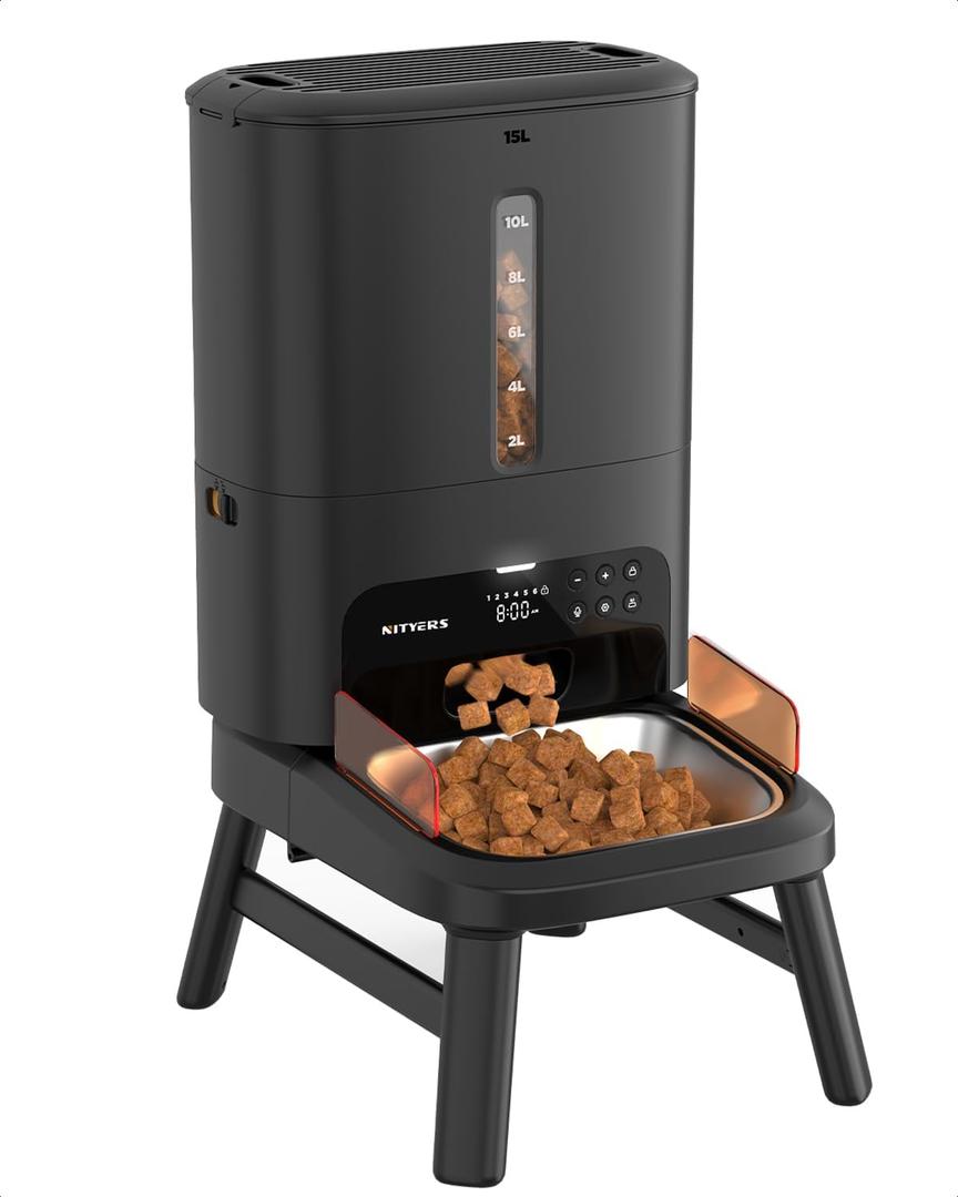 Automatic Dog Feeder for Large Breed - 15L/ 63 Cups Anti-Clog Dog Food Dispenser for 2-23mm Kibble, Elevated Stand, Large Food Tray, Dual Power, Up to 50 Portions 6 Meals Per Day, Keeps Fresh (Black)