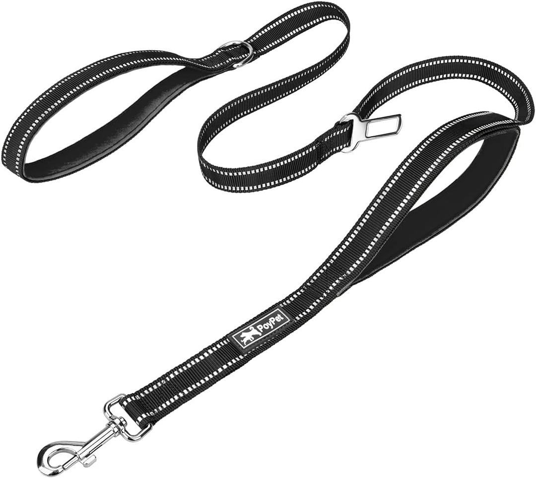 PoyPet 5 Feet Dog Leash - 3M Reflective - 2 Cushioned Handles - Functional Car Seat Belt(Black)