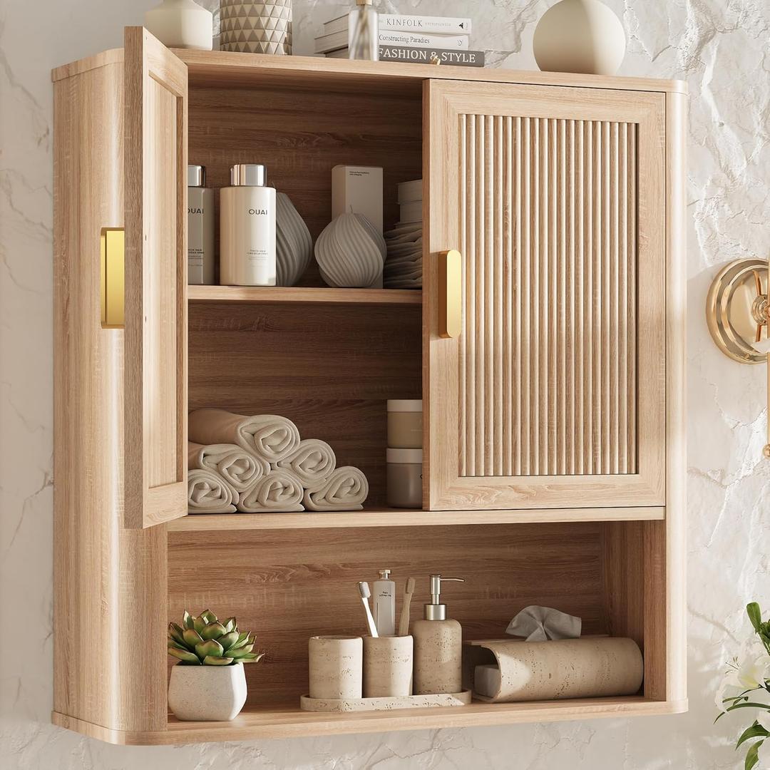 INNOD Bathroom Wall Storage Cabinet, Medicine Cabinet with Adjustable Wood Shelf & Doors, Over the Toilet Storage Cabinet for Laundry Room & Living Room Kitchen Storage Islands (Natural Oak)