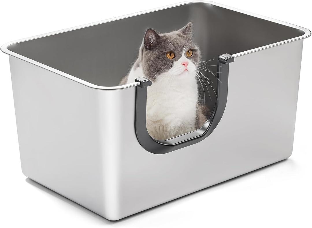 Yangbaga Extra Large Stainless Steel Litter Box, Leak Proof 12 Inches High Sides for Urine & Litter Trapping, Easy Entry for Kittens, Older Cats,Non-Stick,Non-Slip,No Sharp Edges, 24"L x 16"W x 12"H