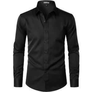 ZEROYAA Men's Long Sleeve Dress Shirt Modern Slim Fit Wrinkle-Free Casual Business Button Up Shirts (Black, XL)