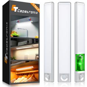 Under Cabinet Lighting, Rechargeable Battery Operated Motion Sensor Light Indoor with 3 Color Tempers Dimmable, Magnetic Closet Light, Wireless Under Counter Lights for Kitchen, Stairs, 3 Pack