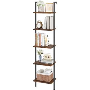 ELYKEN Ladder Shelf, 5-Tier Wood Wall Mounted Bookshelf with Metal Frame, Vintage Open Display Organizer Rack, Leaning Storage Shelves for Living Room, Bedroom, Home Office, Rustic Brown