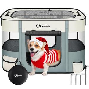 Siedihit Dog Cat Playpen, Pet Puppy Portable Playpens for Outdoor Travel Crate, Indoor After Surgery Use, Foldable Dog Kennel Tent for Rabbit or Small Animals with Tent Stakes(Grey, Middle)