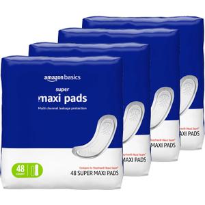 Amazon Basics Maxi Pads for Periods- Thick, Super Absorbency, Unscented, 192 Count, (4 Packs of 48)