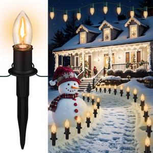 C9 Christmas Pathway Lights Outdoor LED - 24.2 Feet String Lights with 20 Bulbs, Waterproof Christmas Path Lights with Stake for Yard, Garden, Lawn, Walkway, Driveway, Sidewalk, Warm White (1 Pack)