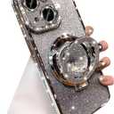 Glitter Kickstand Case for iPhone 14, Luxury Bling Sparkly Diamond Rhinestone with Camera Lens Protector Liquid Flowing Ring Stand TPU Bumper Slim Women Girls Case for iPhone 14 6.1" (Silver)