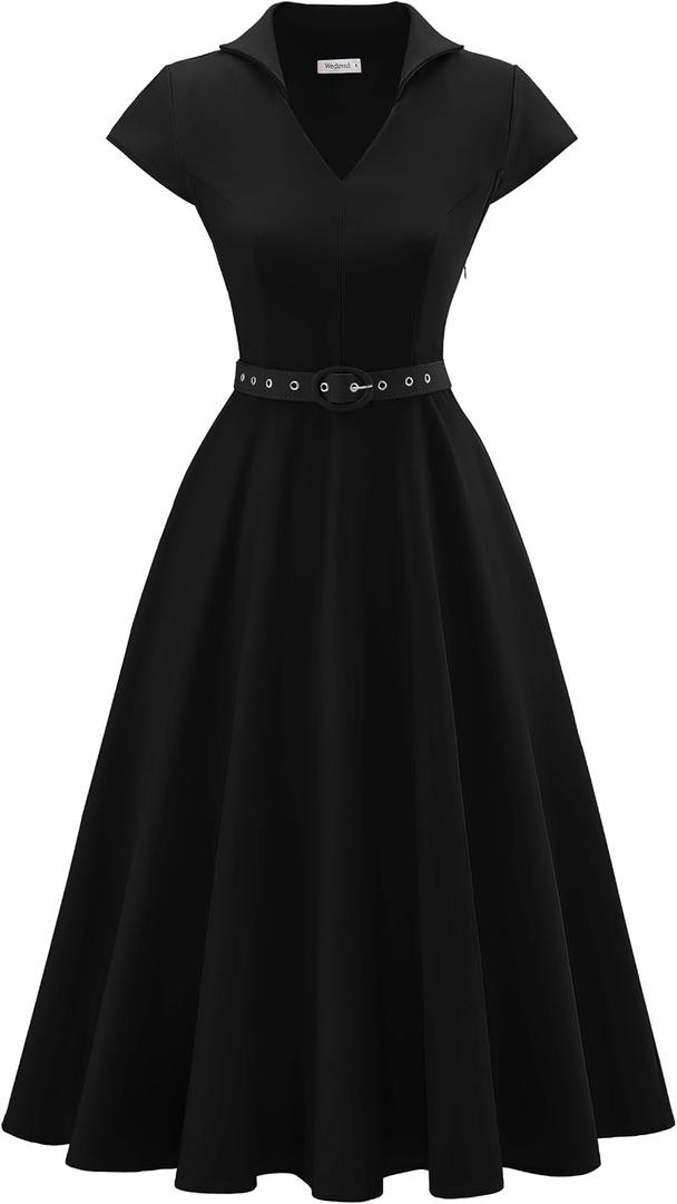 Wedtrend 1950's Vintage Dresses for Women Cocktail Dress with Belt Modest Church Dress Wedding Guest Dresses with Pockets (Black, M)