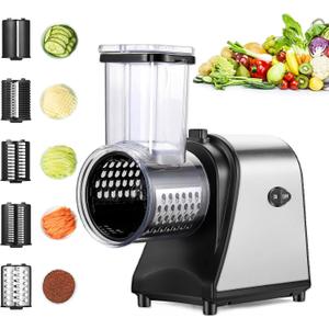 Electric Cheese Grater, 250W Electric Slicer Shredder, One-Touch Control Electric Salad Machine for Cheese, Fruits, Vegetables, Salad Maker with 5 Different Shapes of Blades, 2026 Upgrade