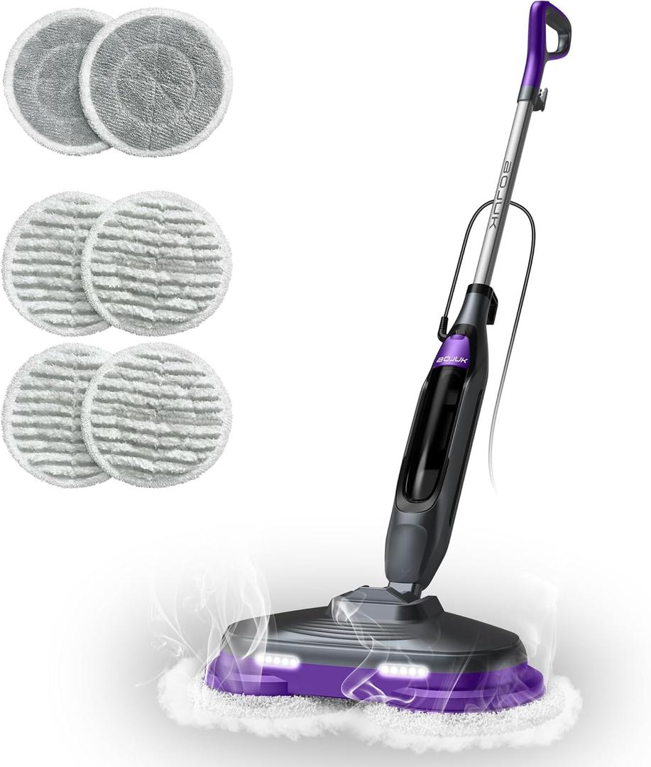 Scrub & Steam Mop with Rotating Mop Pads, LED Headlights, 6 Scrub Pads, Large Tank, Swivel Steering, Effortless Scrubbing Hard Floor Cleaner Upgraded (White)