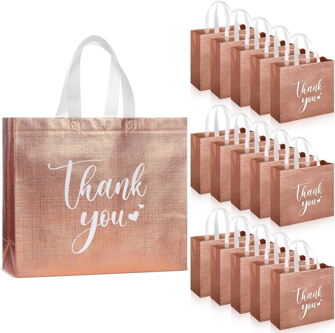 Sweetude 30 Pcs Thank You Gift Bags with Handles Bulk Reusable Goodie Bag Non Woven Foldable Handbag for Christmas Wedding Bridesmaid Gifts(11 x 12 x 5 Inch,Rose Gold)