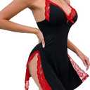 Sexy Split Side Floral Lace Trim Full Slip Night Gown Babydoll Lingerie Dress with Thong 2 piece L