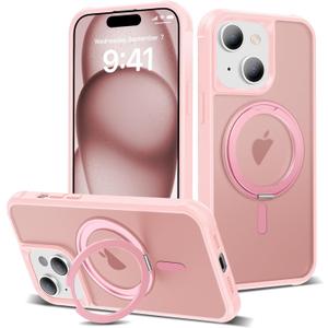 XIEWE for iPhone 15 Plus Case 6.7 Inches 360Rotatable Magnetic Ring Invisible Stand,[Compatible with Mag-Safe] Military Shockproof Frosted Translucent Case,Pink