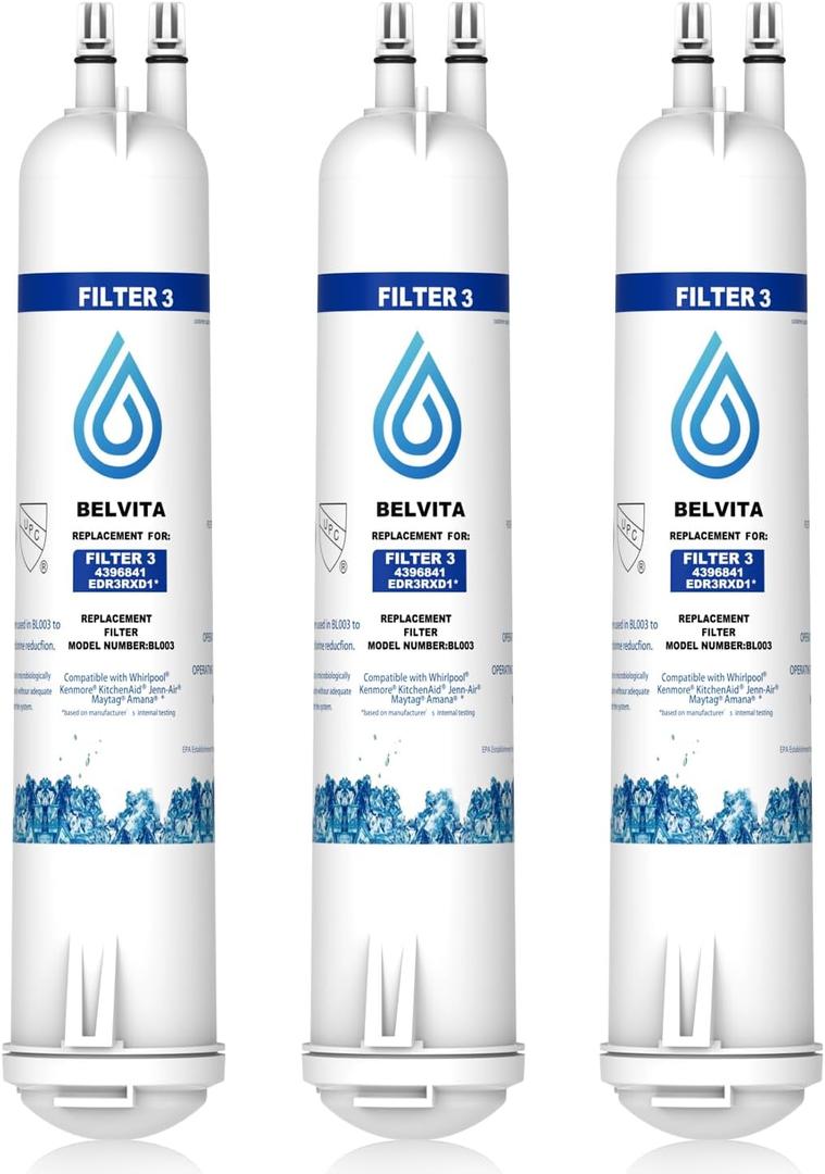 BELVITA Compatible with 4396841 Refrigerator Water Filter, EDR3RXD1, KAD3RXD1, WHR3RXD1, 4396841, 4396710, Filter 3, 46-9083,46-9030, 9030, 9083 Refrigerator Water Filter, 3 Filters