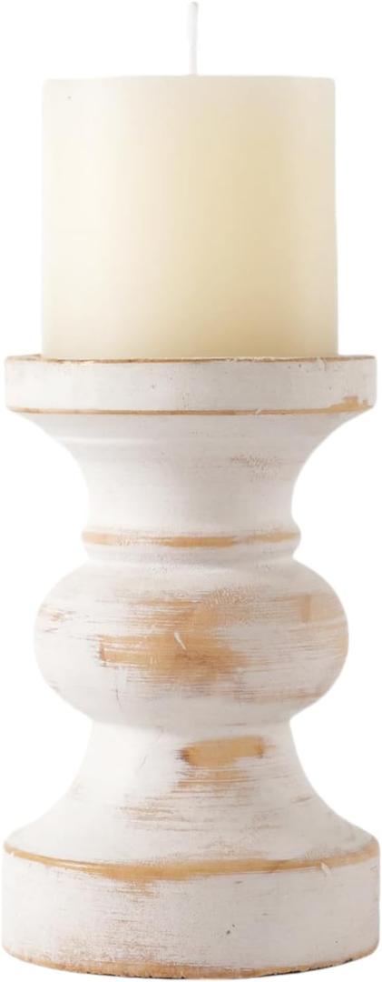 CedarLux Rustic Pillar Candle Holder, 6 Inch White Wooden Candlestick Holders, Farmhouse Candle Stands for Pillar Candle,Decorative Wood Candlestick Holders for Living Room, Table Centerpiece