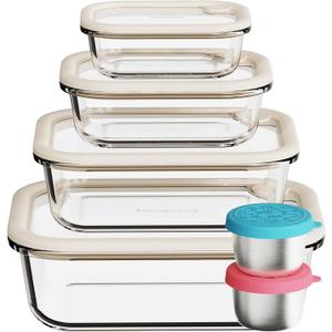 COSYSHINY Glass Food Storage Containers with Silicone Glass Lids, Stainless Steel Salad Dressing Containers, LeakProof Food Containers Set, 4pack 12213550 oz（White）