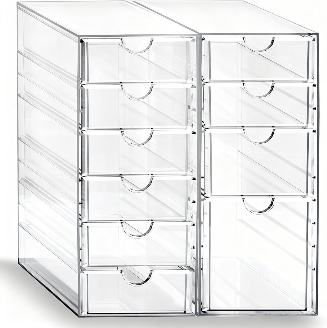 Prsildan Acrylic Drawer Makeup Organizer with 10 Drawers, Set of 2 Office Desk Organizers Accessories, Clear Stackable Storage Drawers for Vanity, Countertop, Craft, Jewelry, Art Supply Organization