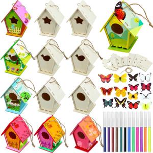 Outus 12 Pcs Wooden Birdhouse Craft Kits to Build, 4 Shapes Wooden Unfinished Bird House with Watercolor Pen and Butterfly Sticker for Boy and Girl Arts and Crafts Kits (Classic Style, 3.64 Inch)