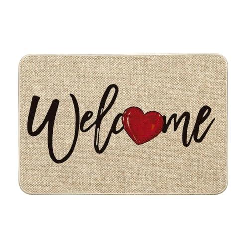 Welcome Love Heart Valentine's Day Doormat, Home Decor Low-Profile Switch Rug Door Mat for Indoor Outdoor 17x29 Inch