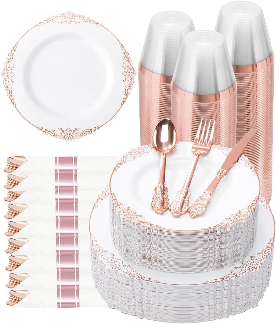 Goodluck 350 Piece Rose Gold Plastic Dinnerware Set for 50 Guests,Fancy Disposable Plates,Include: 100 Rose Gold Rim Plastic Plates,150 Silverwares,50 Pre Rolled Napkins,50 Cups for Party,Wedding