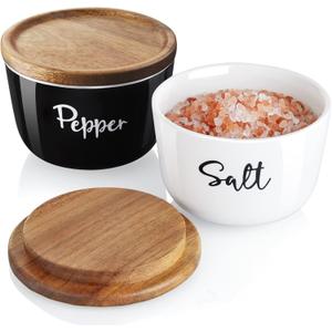 Salt and Pepper Bowls, 10 oz Salt Cellar with Lid, Stacked Ceramic Salt Pepper Container with Acacia Wood Lid, Salt Box for Countertop, Black and White Kitchen Decor, Set of 2