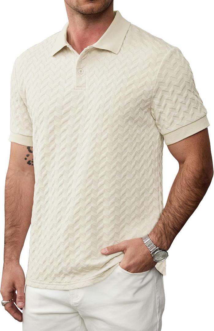 Men Textured Polo Shirts Casual Summer Short Sleeve Poloshirt (L)