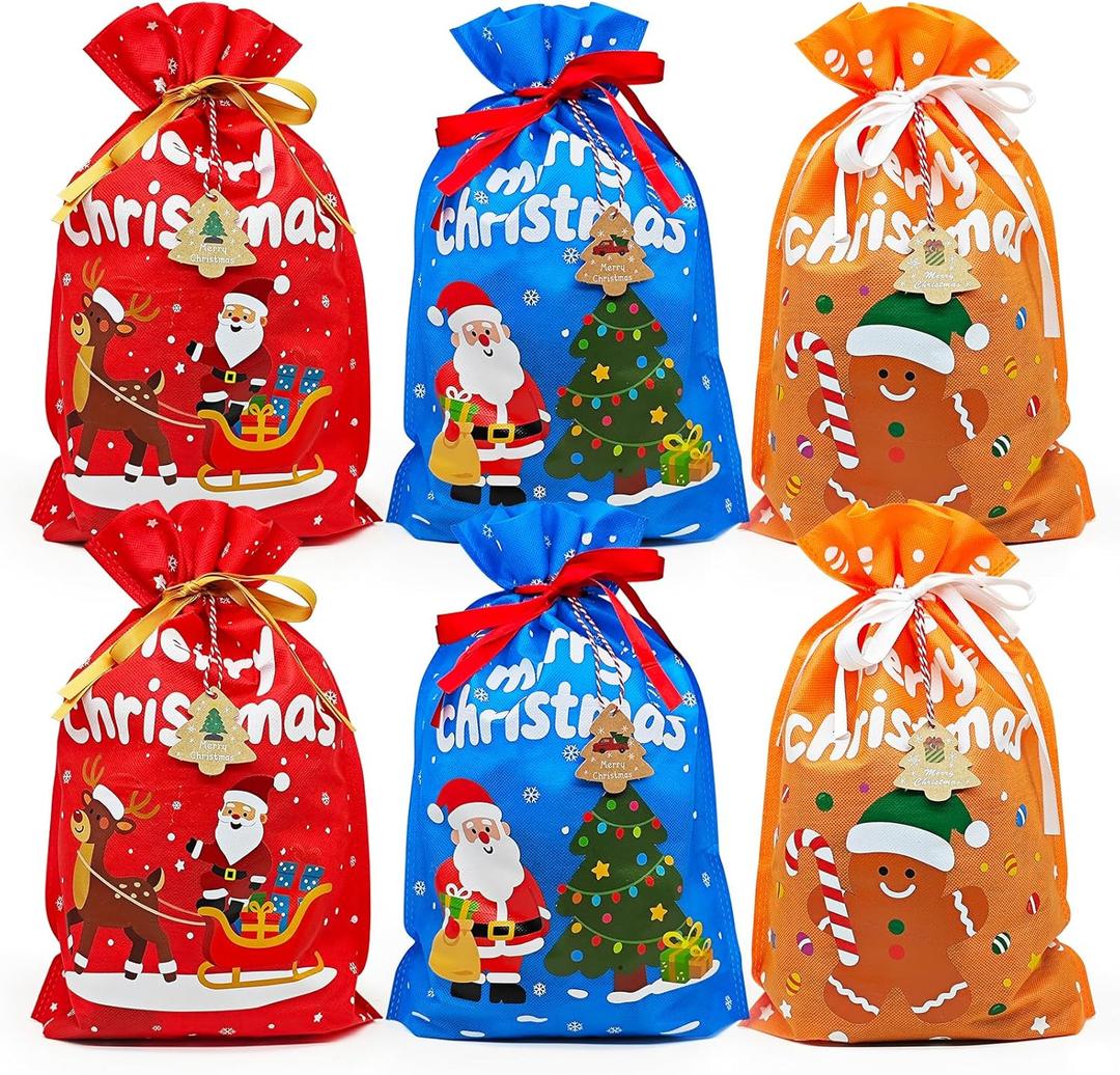 6pcs Cloth Christmas Gift Bags for Medium Sized PresentsReusable Fabric Drawstring Christmas Gift Bags Set and 12 Gift TageClassic Holiday Colors-Red Blue Orange Xmas Gift Bag10.2 x 14.17 inch