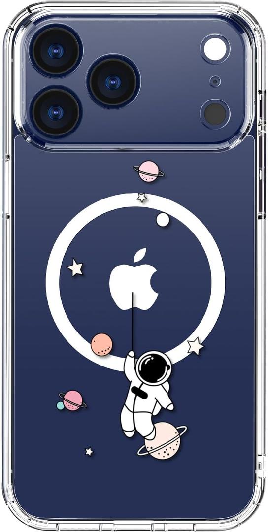 LUHOURI for iPhone 17 Pro Max Case with Screen Protector - Wireless Charging - Crystal Acrylic Clear - Fashionable Designs for Women Girls - Slim Fit Protective Phone Cover, Astronaut in The Space