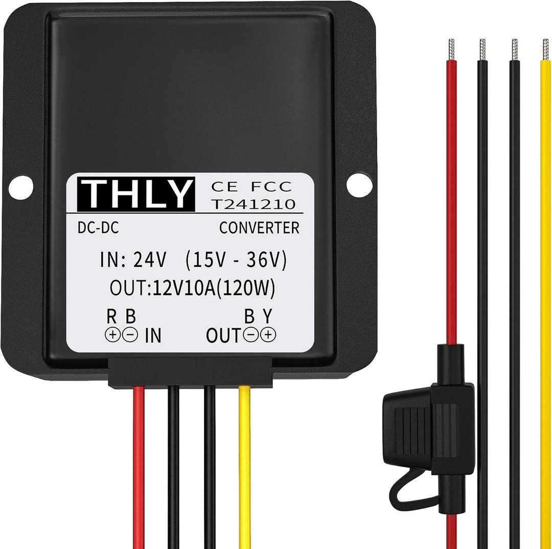 DC Buck Converter 24V to 12V 10A 120W Step Down Transformer with Fuse Waterproof, Voltage Reducer for Golf Cart LED Light Motor Truck Vehicle Boat Solar System etc. (Accept DC 15-40V Inputs)