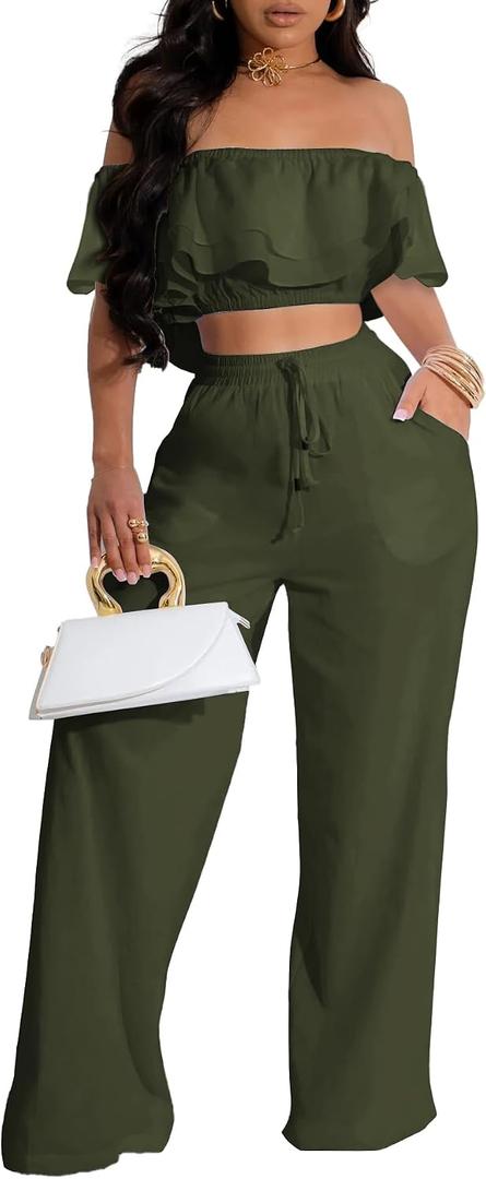 Elegant Two Piece Clothing Sets for Women Sexy Crop Top Long Wide Leg Pants Swimwear Bikini Coverups Vacation Beach (Green, 2XL)