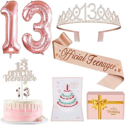 13th Birthday Decorations for Girls, Including 13th Birthday Sash and Tiara, Cake Topper and Candles, Number Balloons, 3D Pop Up Greeting Card, Teen Girl Gifts for 13 Year Old