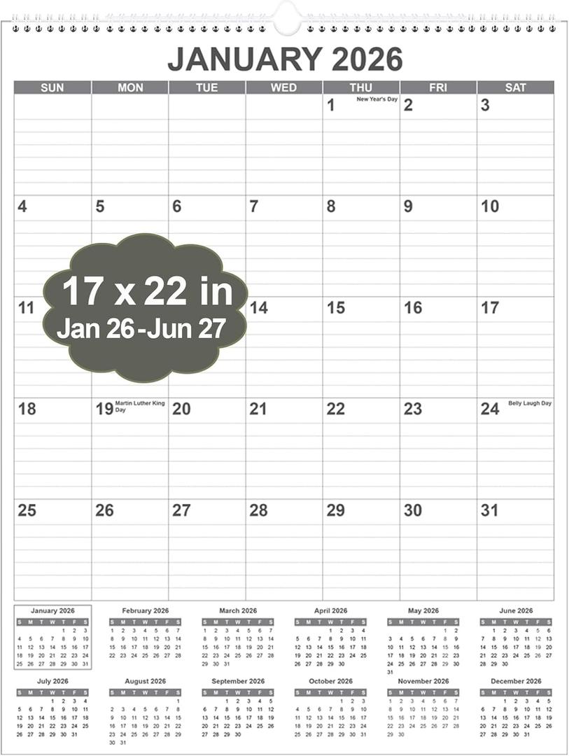 Large Calendar 2026 with Spiral Bound - 18 Month Big Calendar from January 2026 to June 2027, Vertical Large Monthly Calendario 2026 for Wall, 22" x 17", Black