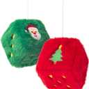Christmas Fuzzy Dice for Car Rear View Mirror, Embroidered Santa and Tree Design Hanging Decorations, Red Green Plush Dice Ornaments for Car, Indoor or Outdoor Holiday Decor Pair