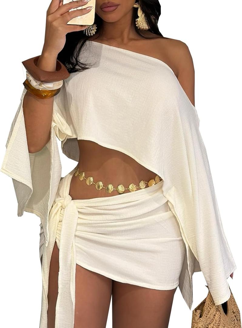 JYAOVO Women's 2 Piece Outfits Batwing Off Shoulder Irregular Crop Top and Mini Skirt Set Sexy Matching Sets (White, S)