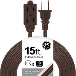 GE 3-Outlet Extension Cord with Multiple Outlets 15 Ft Power Strip 2 Prong 16 Gauge Twist-to-Close Safety Covers Outdoor Extender UL Listed Brown 51957