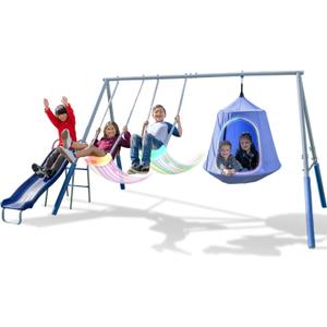 Sportspower Shooting Star Metal Swing Set w/ 2 LED Swings, Padded Saucer Swing with LED Light up Tent and 5' Double Wall Blow Molded Slide