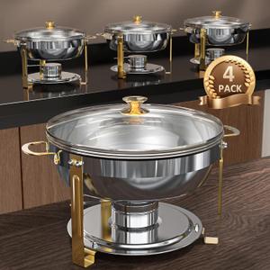 5 Qt Chafing Dishes for Buffet with Glass Lid and Holder, Stainless Steel Chafing Dish Buffet Set with Food and Water Pans for Parties and Weddings, Gold, 4 Pack