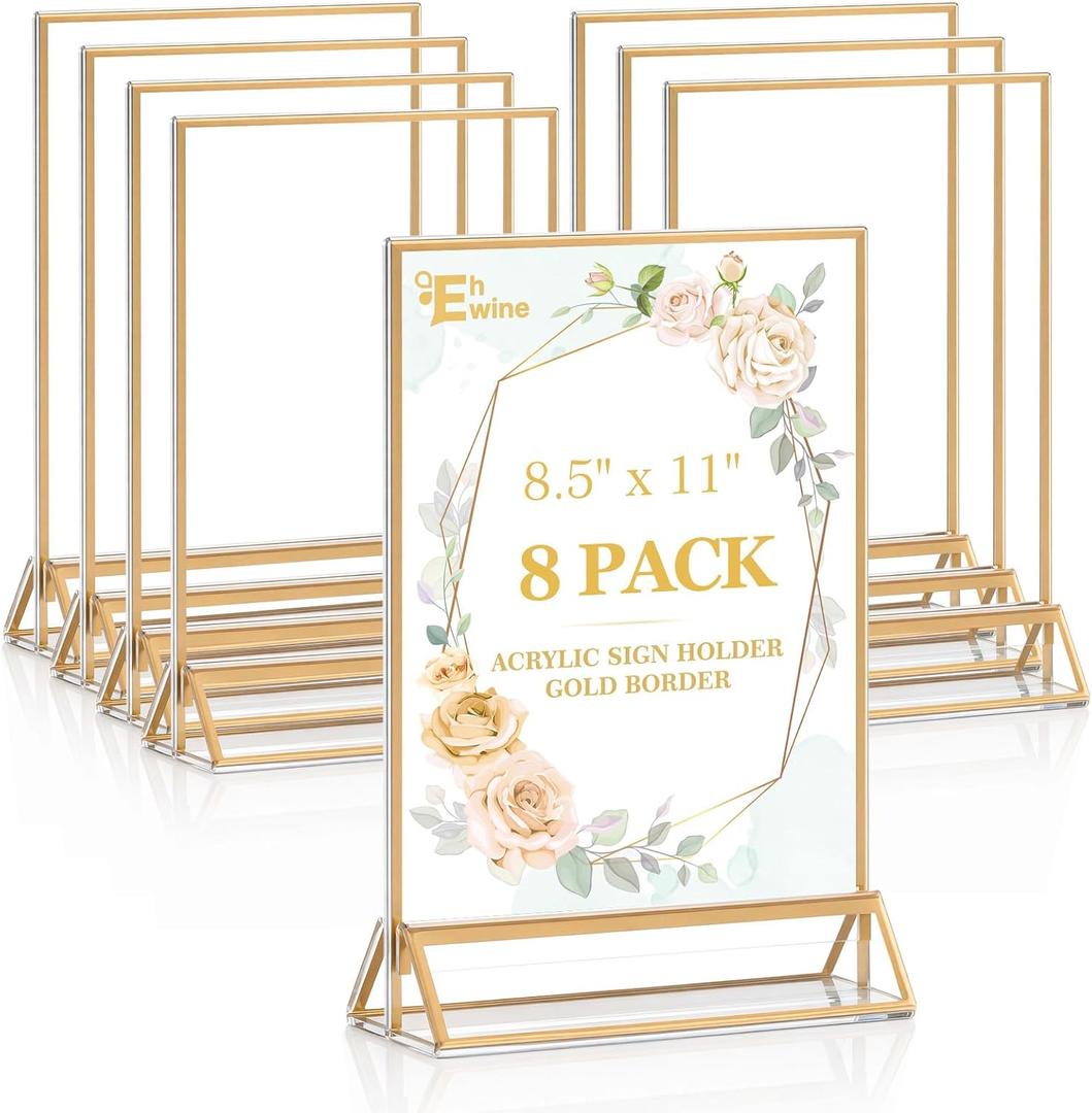 EHWINE 8 Pack Acrylic Sign Holder 8.5 x 11, Double Sided Gold Picture Frame Stand up Table Top Sign Holders, Clear Display Stand Menu Flyer Holder for Wedding Party (Provide Non-slip Mats)