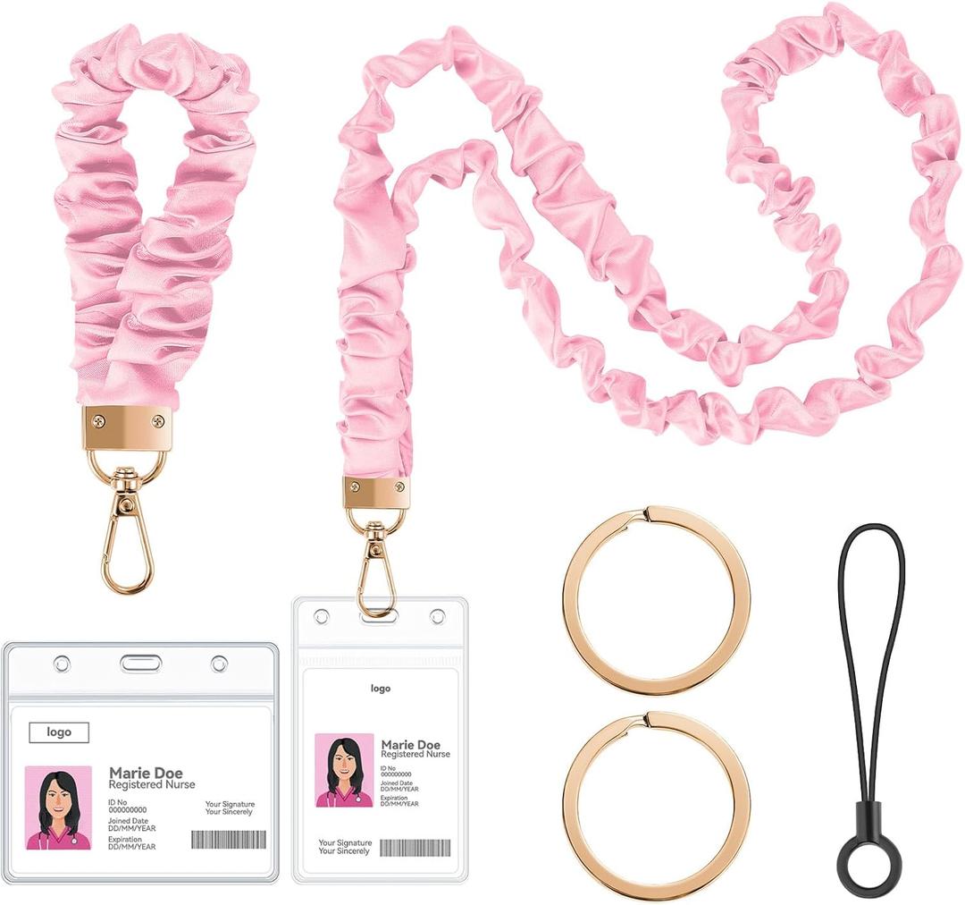 takyu Scrunchie Lanyard for Id Badges, Neck and Wrist Teacher Lanyard with Id Holder, Stretchy Lanyards for Women Keys Keychain Office, School, Hospital, Cruise Ship CardsPink