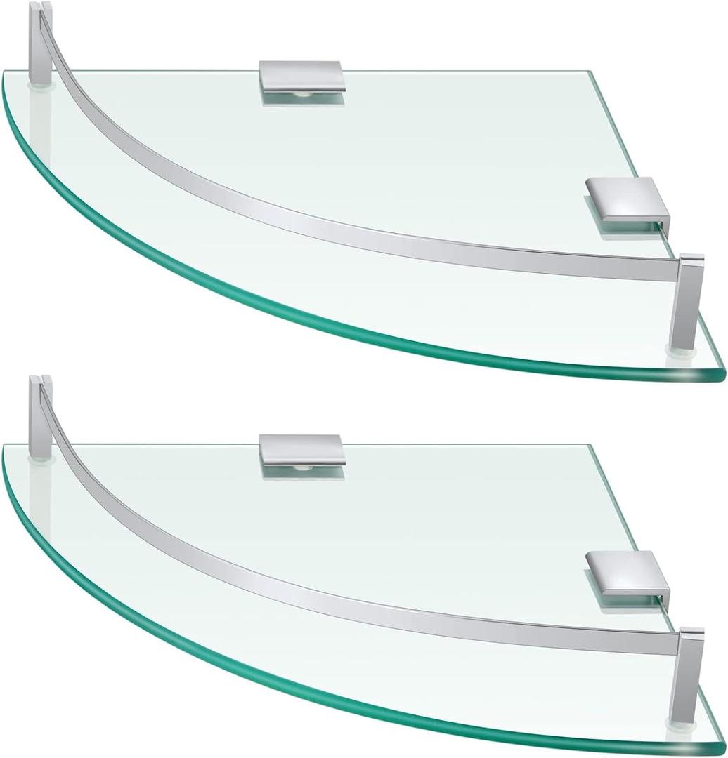 Gejoy 2 Pcs Glass Corner Shower Shelf Bathroom Glass Shelf Floating Tempered Wall Mounted Corner Organizer for Storing Bottle Shower Gel Shampoo Brush, 9.25 Inches