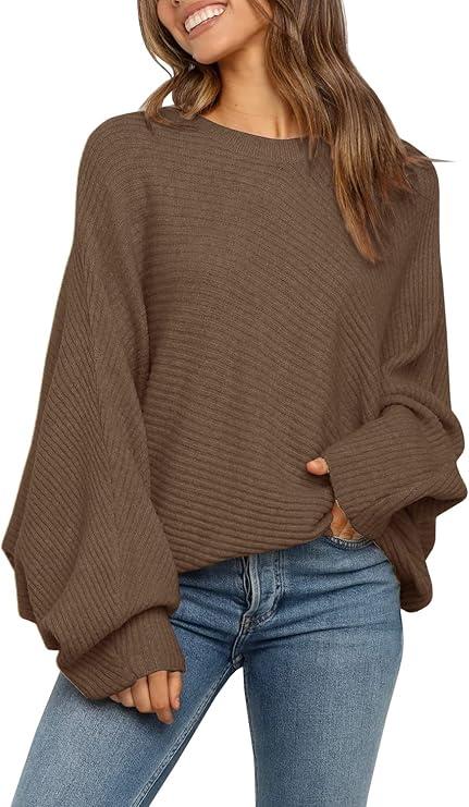 Women's Oversized Crewneck Sweater Batwing Puff Long Sleeve Cable Slouchy Pullover Jumper Tops, Size XL