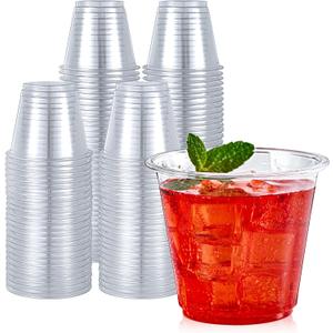 Turbo Bee 100 Pack 9oz Clear Plastic Cups,Disposable Crystal Drinking Cups,PET Plastic Party Cups for Wine,Juice,Iced Coffee and Cold Drinks