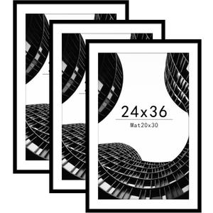 Abtgt 24x36 Poster Frame Set of 3, Display Pictures 20 x 30 with Mat or 24 x 36 without Mat, Picture Frame for Wall Mounting Display, Black