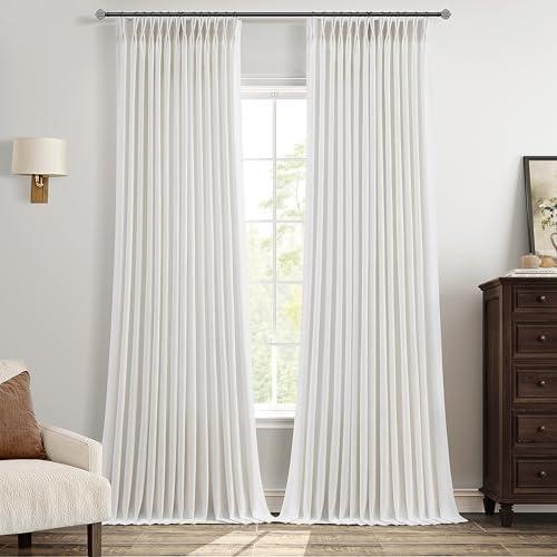108 Inch Pinch Pleated Linen Curtains for Living Room Thick Flax Pleated Memory Light Filtering Semi Sheer Curtains with Pleated Hooks Back Tab for Track System Cream Ivory Pinch Pleat Window Drapes