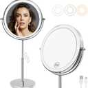 8”Large Makeup Mirror with Lights,1X/10X Rechargeable True Height Adjustable HD Magnifying Mirror with 3 Color Dimmable Lights,360° Rotation Double Sided Vanity Makeup Mirror,Gift for Women (Silver)