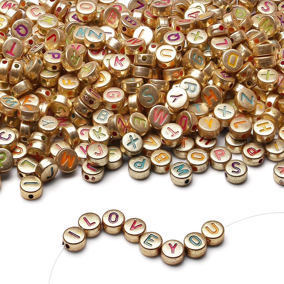 LAIDANLA 1500PCS Acrylic Letter Beads Alphabet Colorful Letters Gold Round Bead 74mm for Jewelry Bracelets Necklaces Key Chains Making