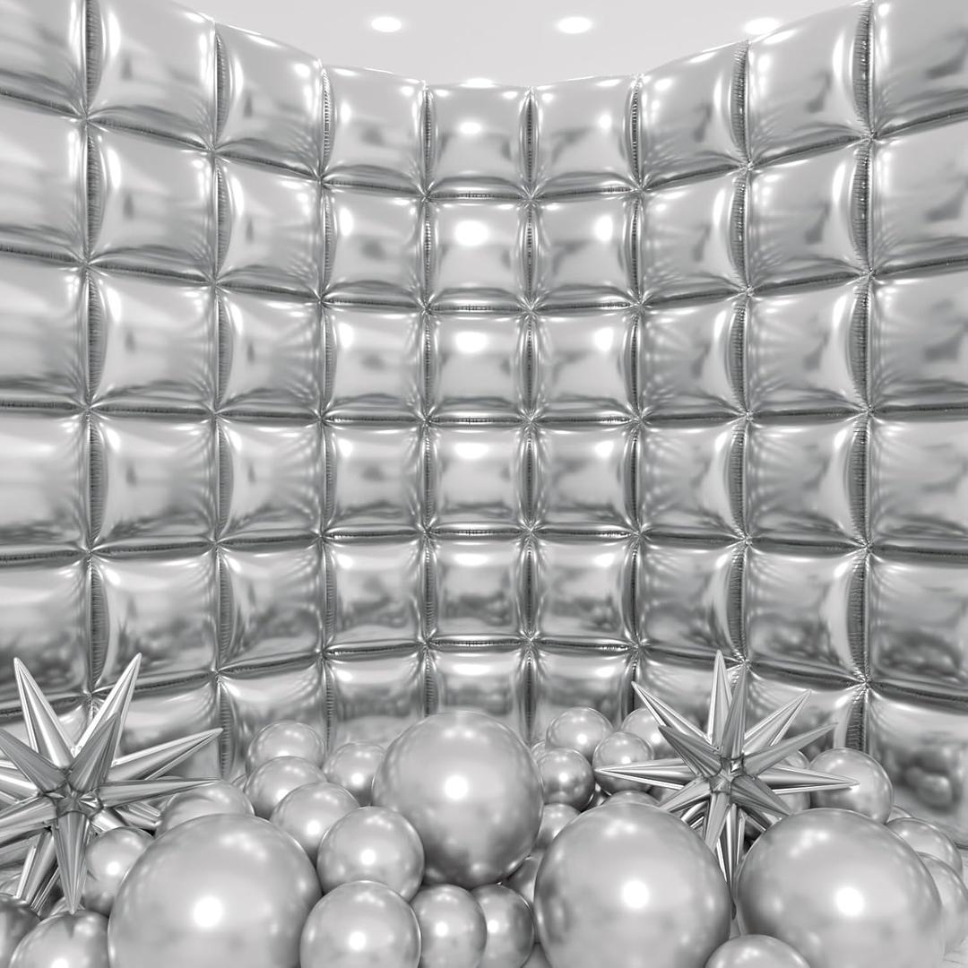 50pcs Metallic Silver Square Foil Balloons Wall Backdrop with 79pcs Metallic Silver Balloon Garland Arch Kit, Double Sided Balloon Tunnel for Anniversary Engagement Birthday Prom Decorations