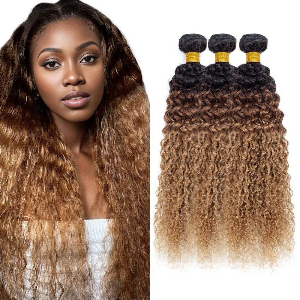26 28 30 Inch T1B/4/27 Human Hair Bundles Ombre Water Wave Human Hair Bundles 8A Brazilian Unprocessed Virgin Hair 3 Bundles Three Tone Brown and Honey Blonde Bundles Human Hair Weave